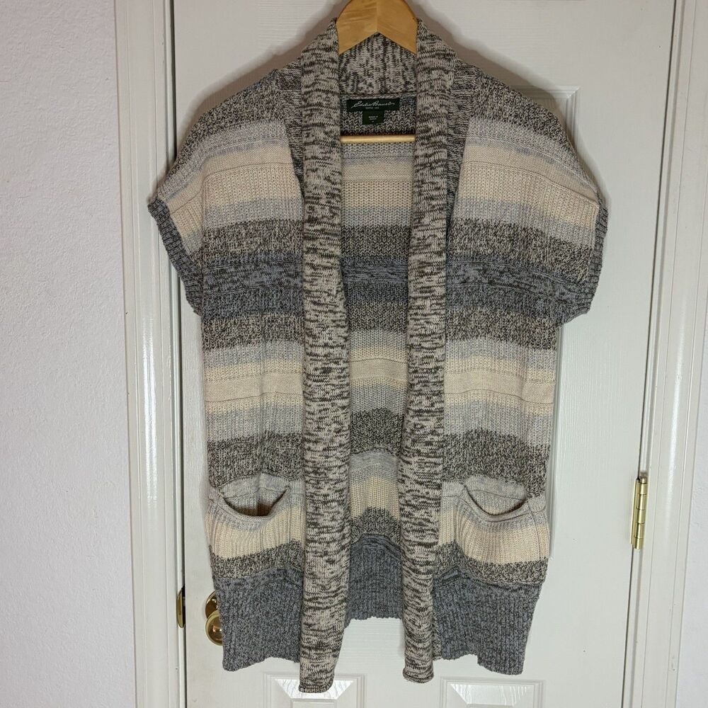 Eddie Bauer Knit Open Cardigan Striped Sweater 100% Cotton Pockets Women’s M